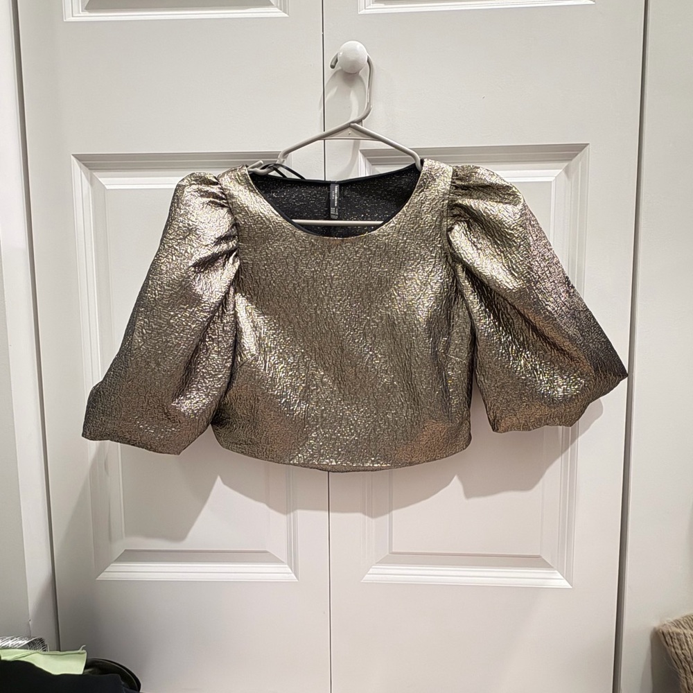 Zara Metallic Gold Puff-Sleeve Crop Top